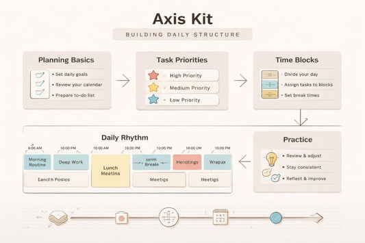 Axis Kit daily structure planning tool with time blocks and priority system on a white background.