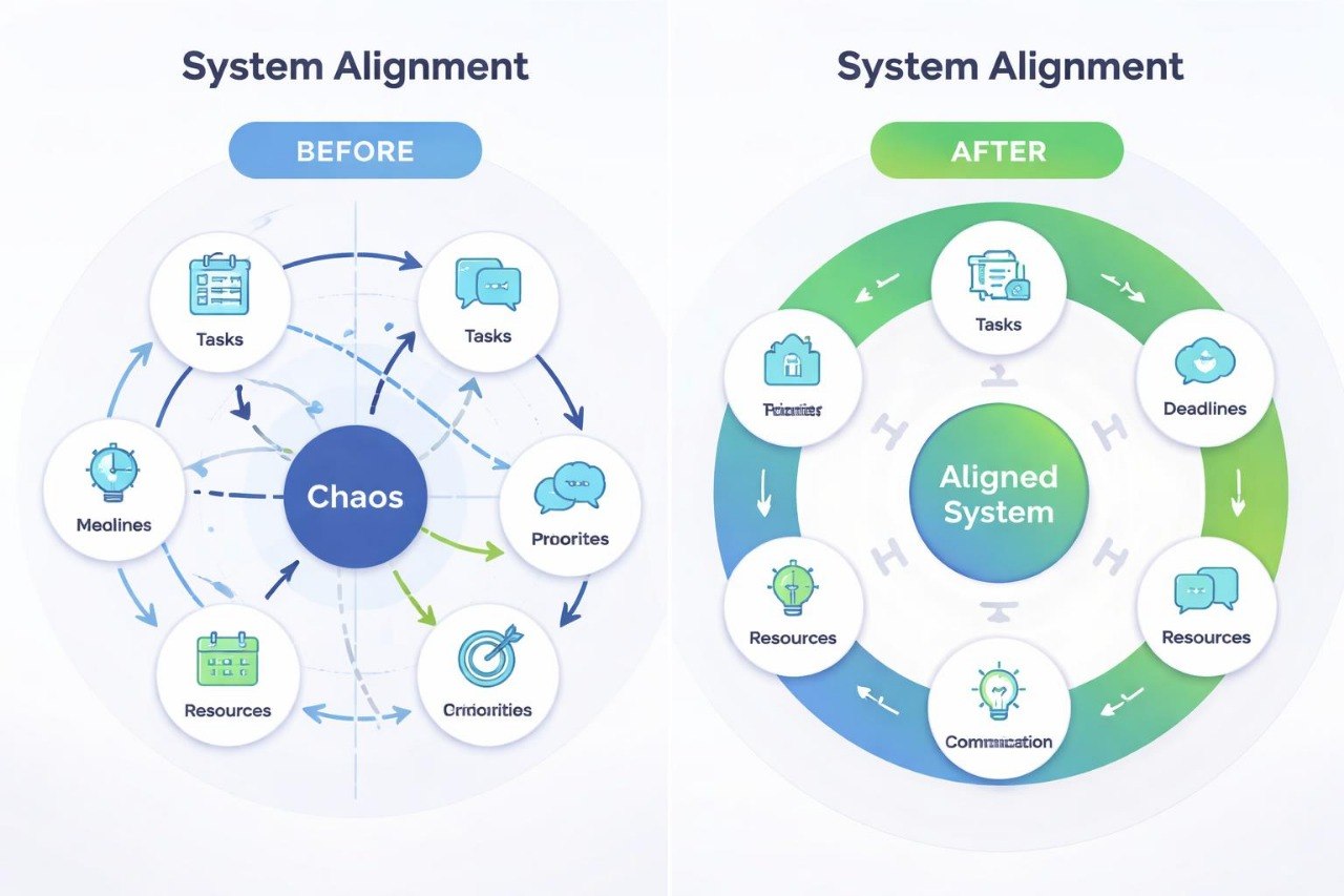 Diagram showing system alignment before and after improvement with icons and text labels.