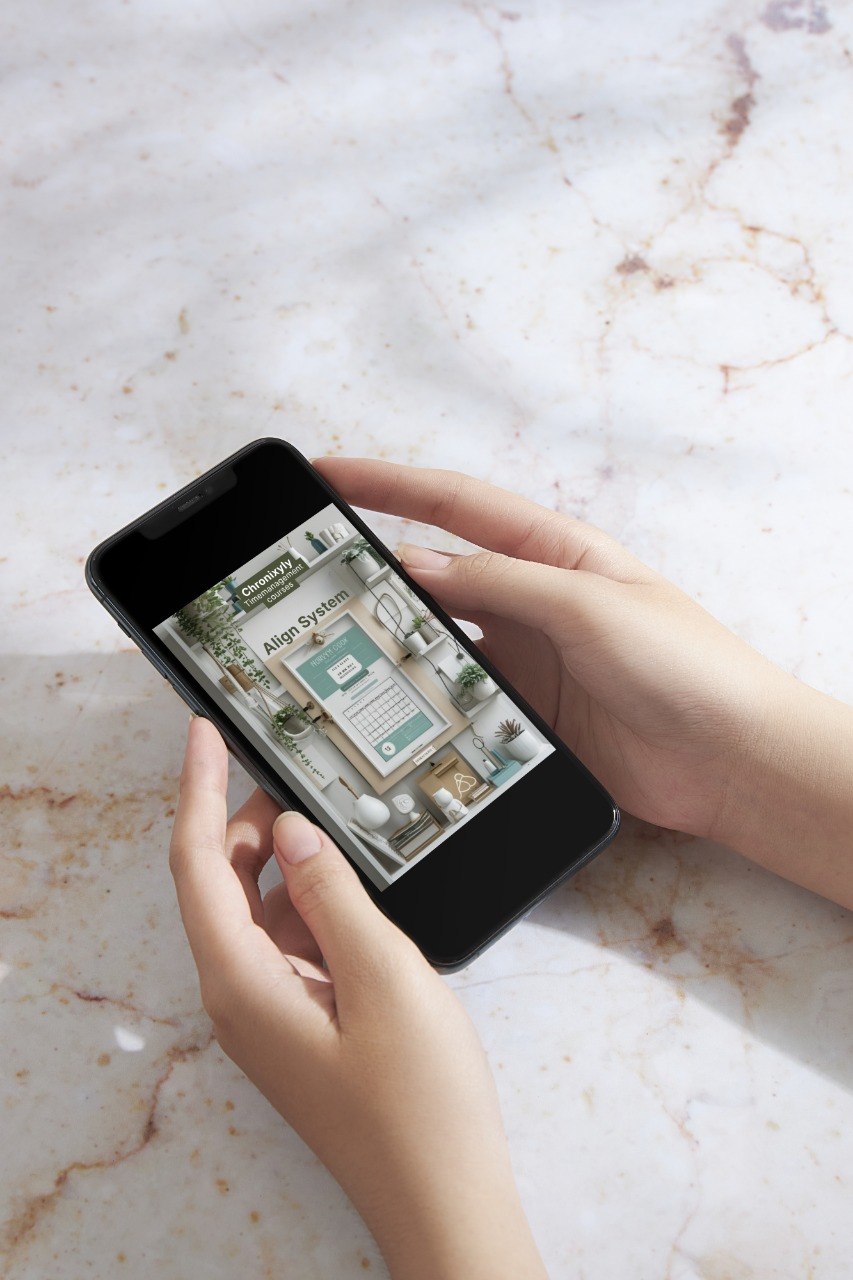 Person holding a smartphone with an app on a marble surface