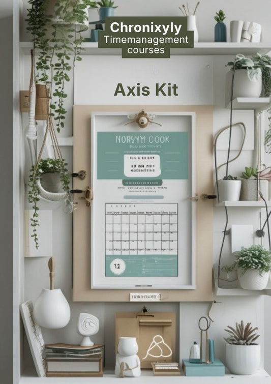Chronixly Axis Kit with a calendar on a shelf decorated with plants and decor items.