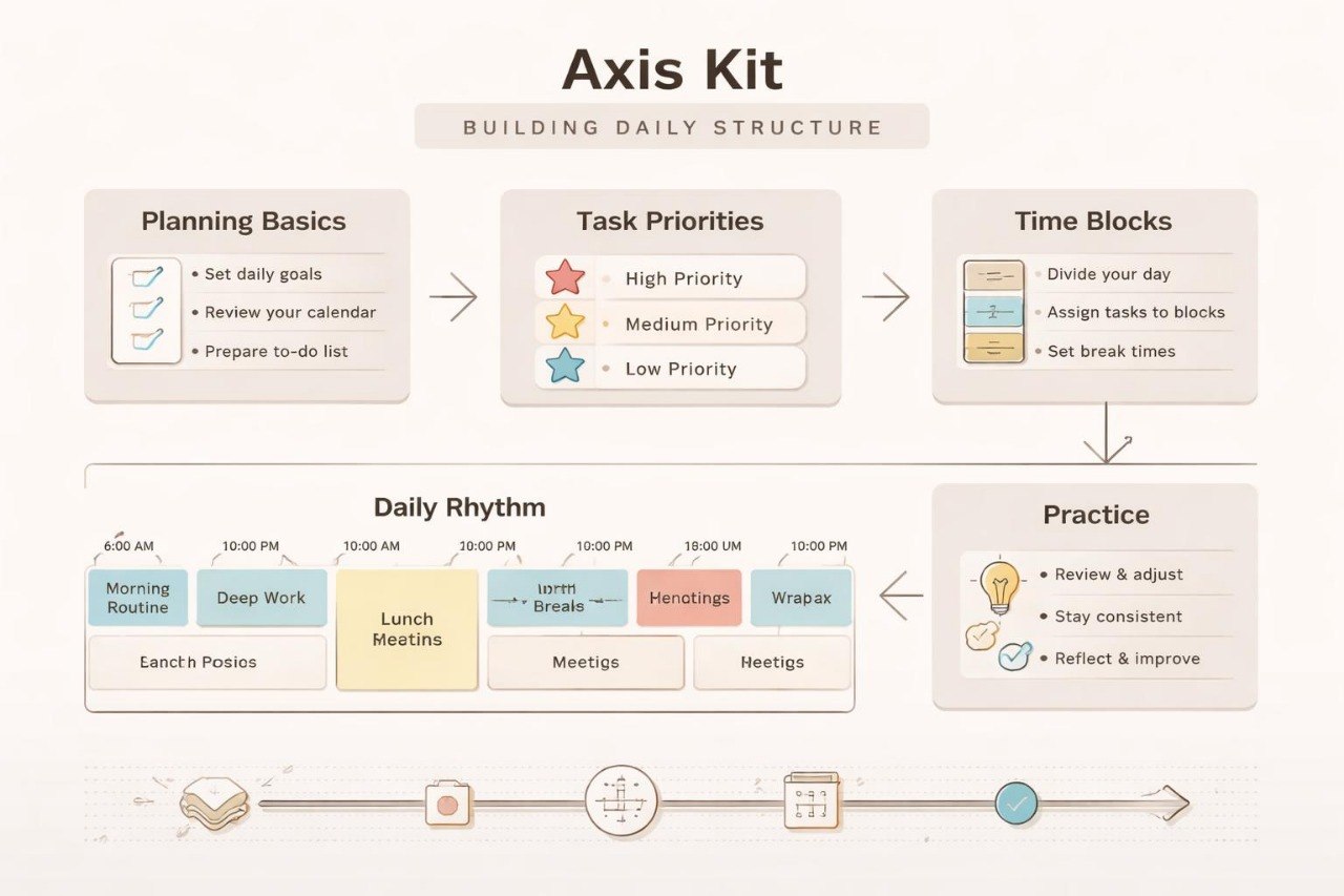 Axis Kit daily structure planning tool with time blocks and priority system on a white background.