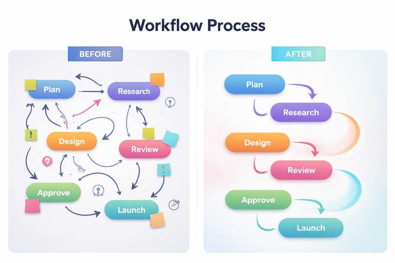 Workflow process diagram showing 'Before' and 'After' stages with colorful steps.