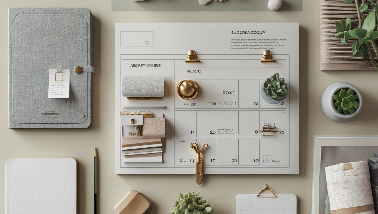 Calendar on a wall with decorative items and stationery