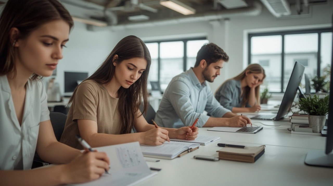People working at a desk in an office setting