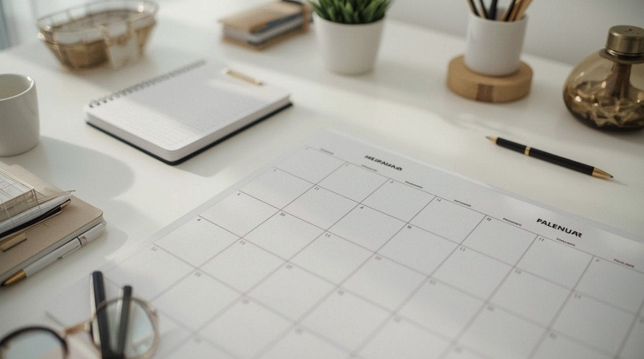 Calendar on a desk with office supplies