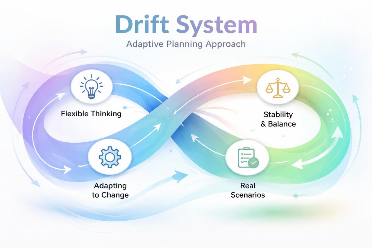 Diagram of a 'Drift System' with adaptive planning approach, featuring flexible thinking, stability & balance, adapting to change, and real scenarios.