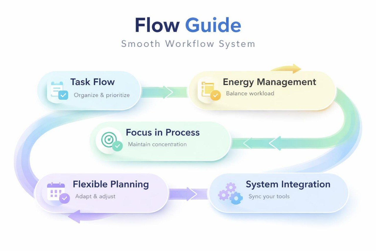 Flow Guide Smooth Workflow System diagram with steps like Task Flow, Energy Management, etc.