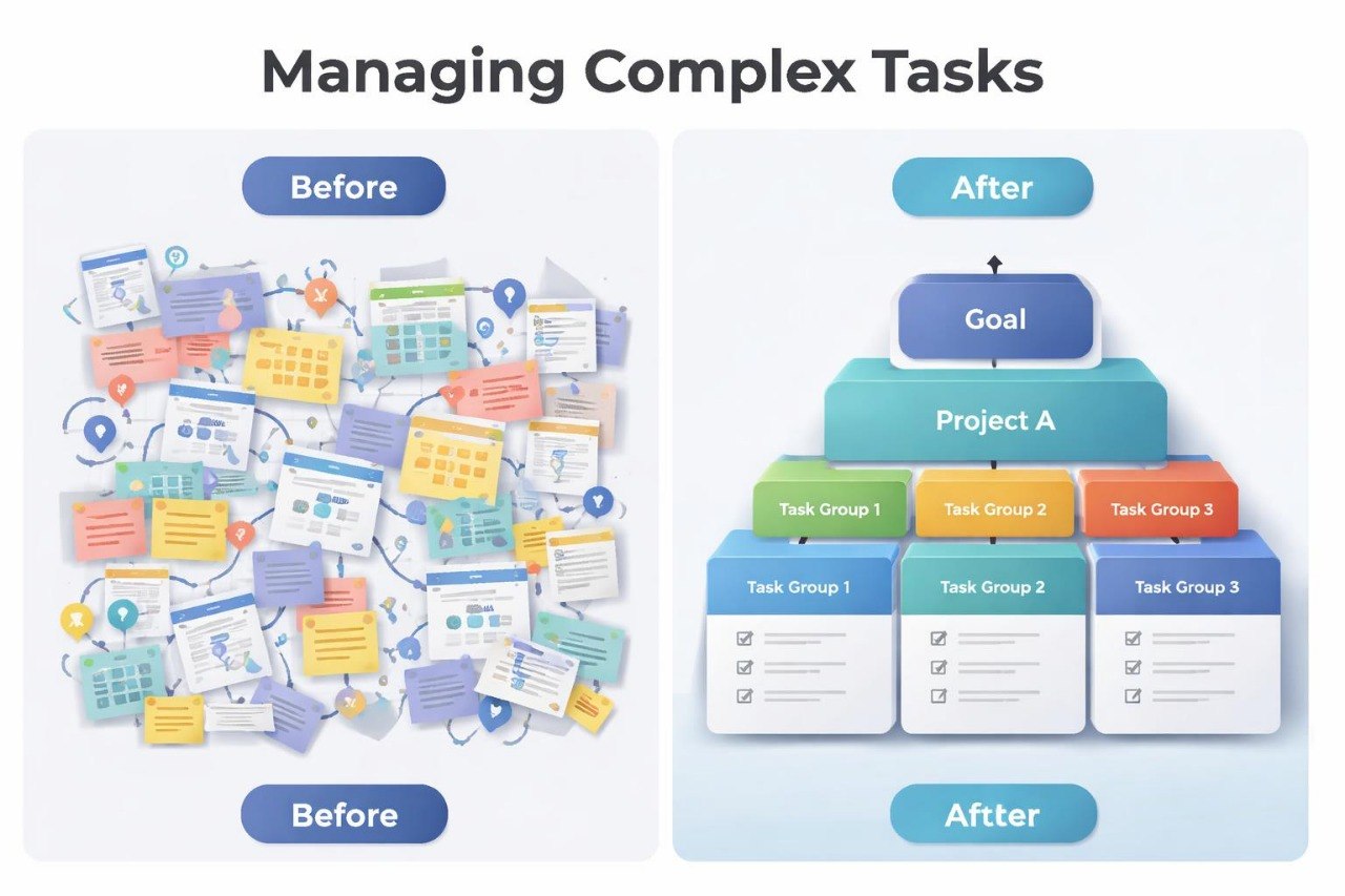 Comparison of complex task management before and after a structured approach.
