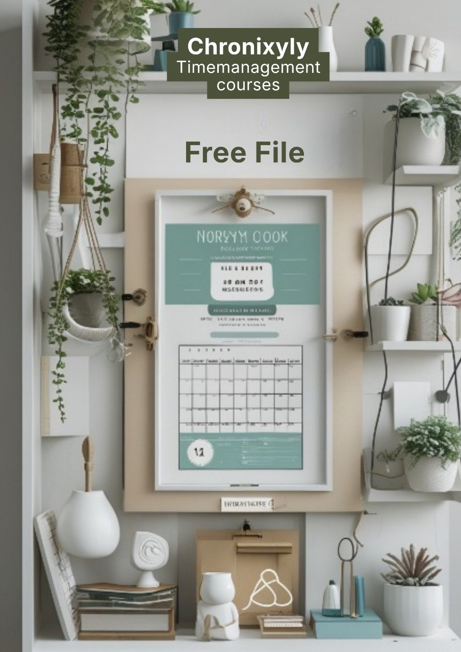 Framed calendar on a shelf with plants and decor items