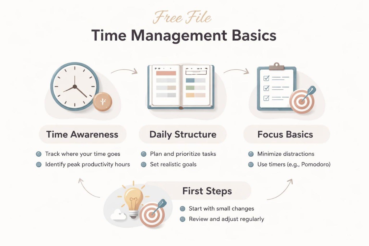 Infographic on time management basics with icons and text on a white background