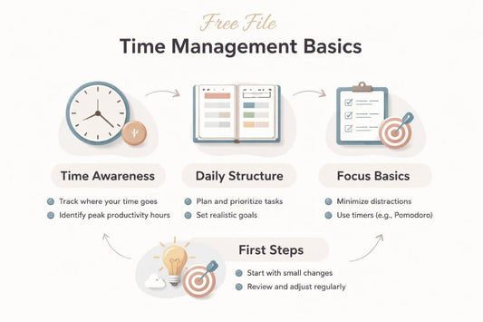 Infographic on time management basics with icons and text on a white background