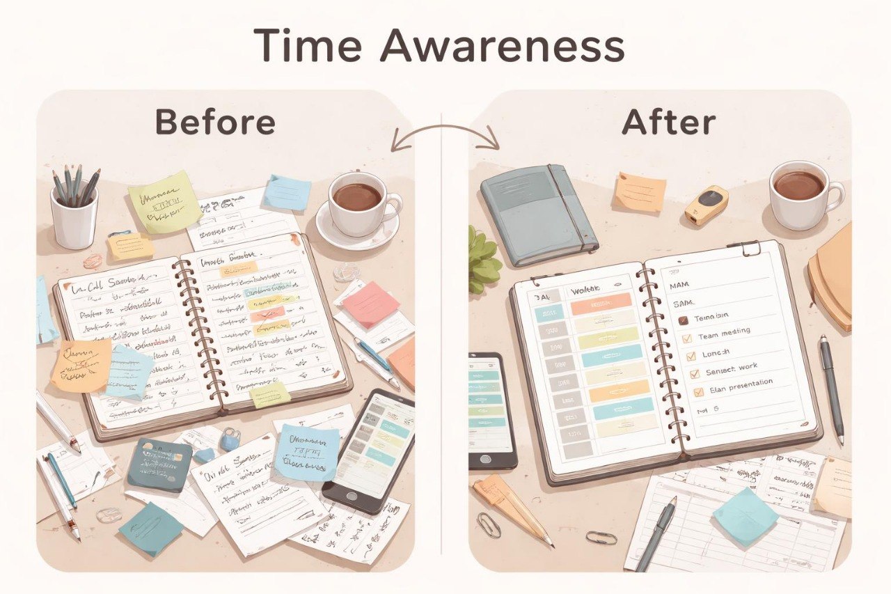 Comparison of a planner with notes and a smartphone app showing 'Time Awareness' before and after.