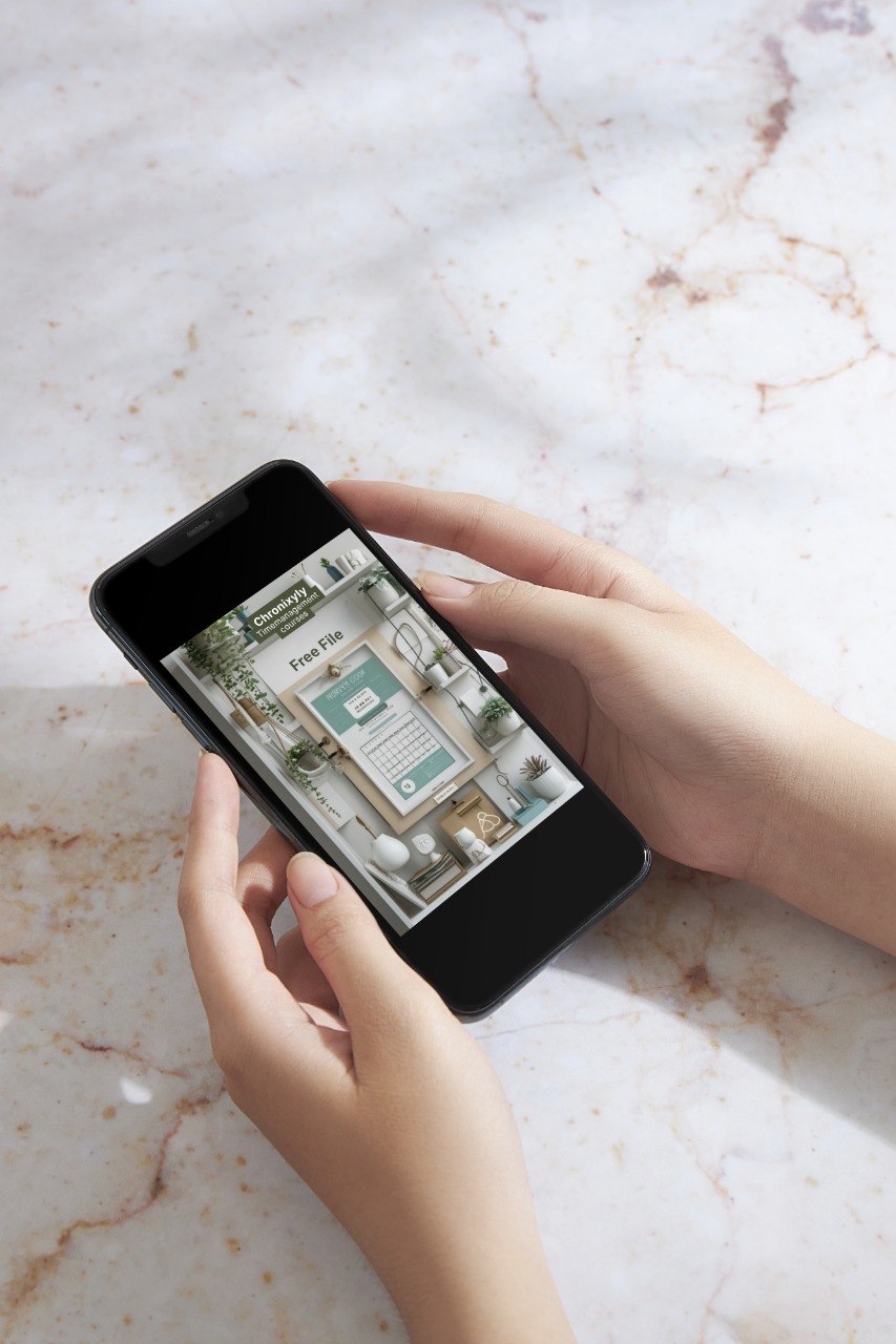 Person holding a smartphone with an app on a marble surface