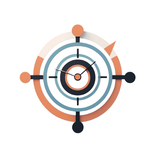 Modern wall clock with concentric circles in orange, blue, and black on a white background