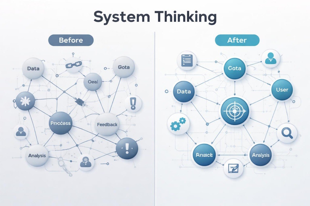 Before and after system thinking diagrams with interconnected elements on a white background.