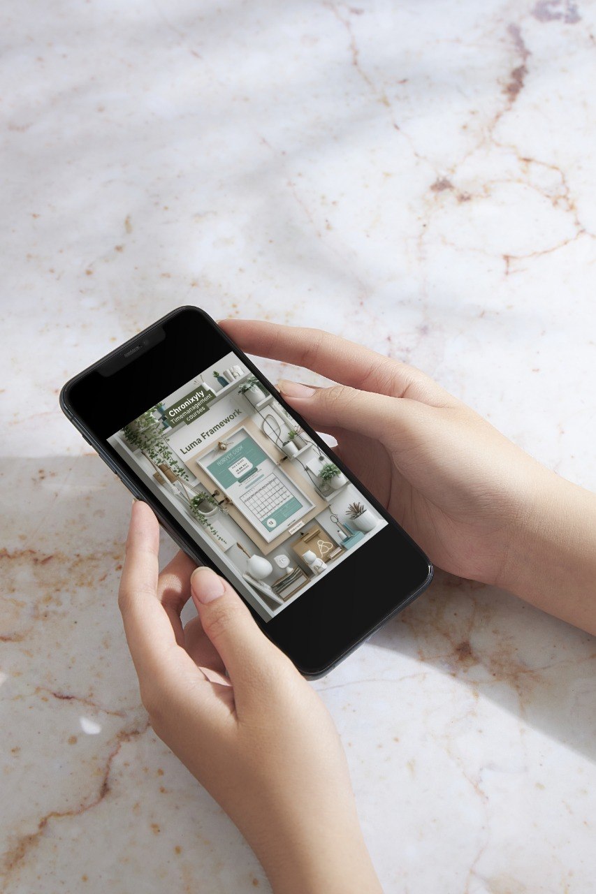 Person holding a smartphone with an app open on a marble surface