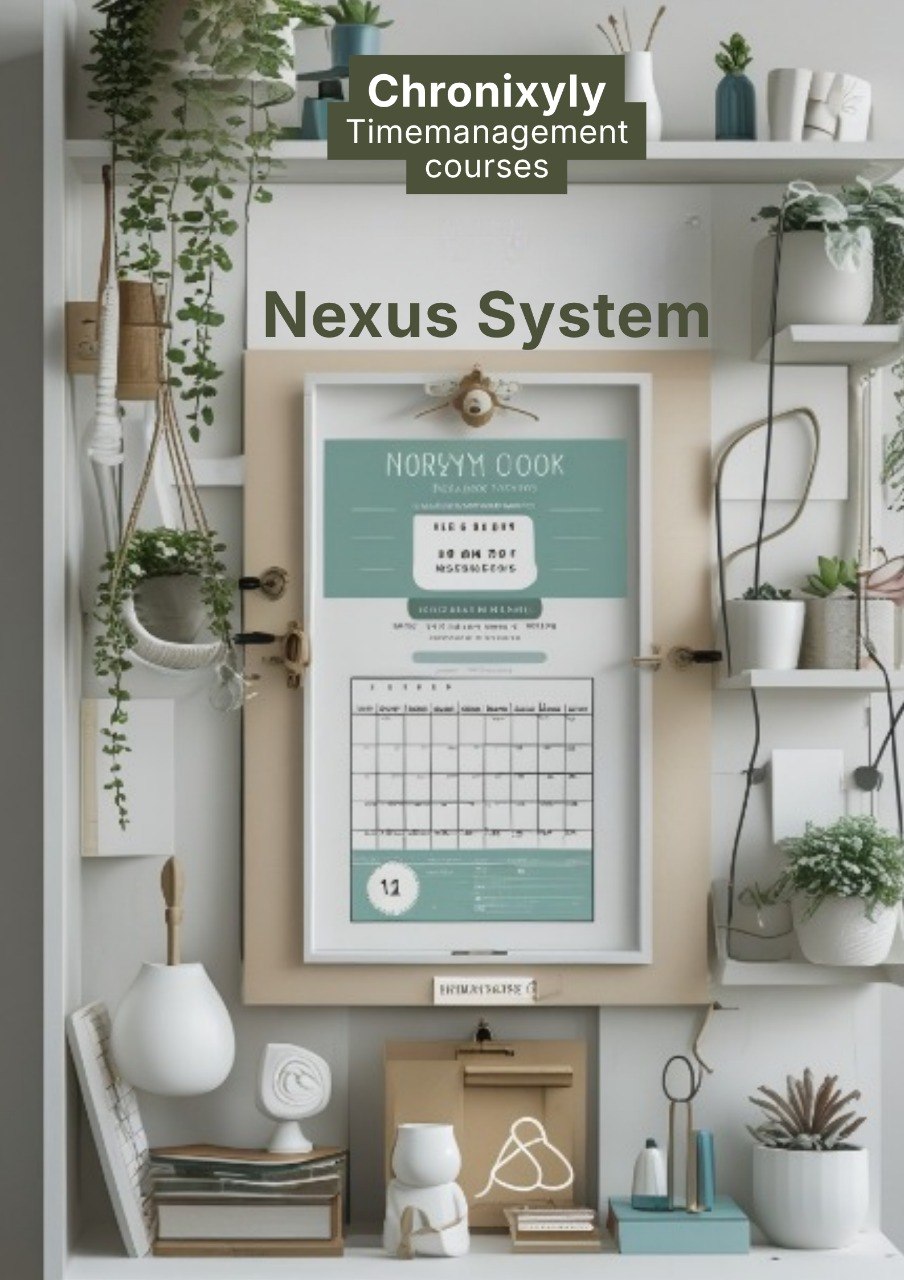 Decorative wall with framed calendar, plants, and shelves in a home office setting.