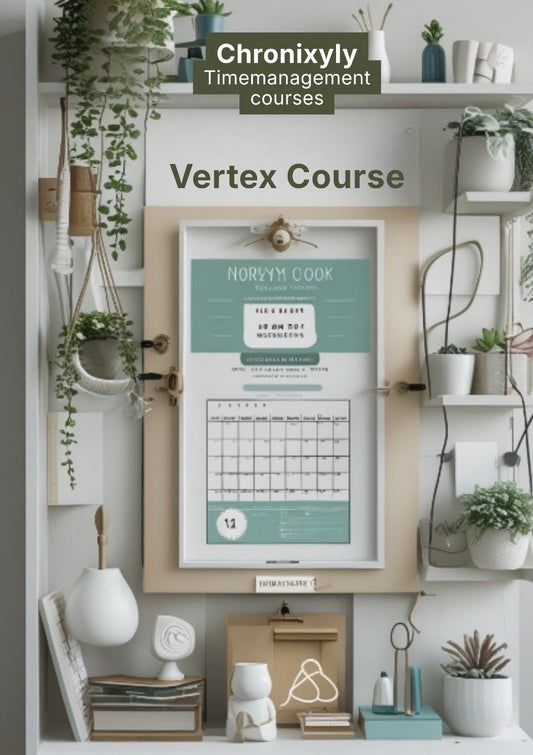Decorative wall with framed calendar, plants, and shelves in a home office setting.