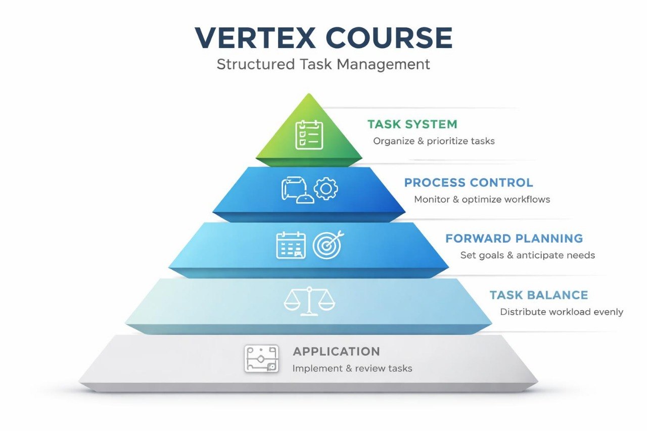 Pyramid diagram of Vertex Course structured task management with icons and text on a white background