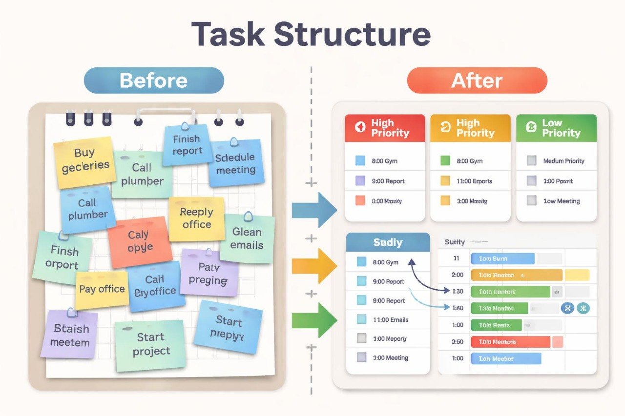 Comparison of task structure before and after organization with colorful sticky notes and priority labels.